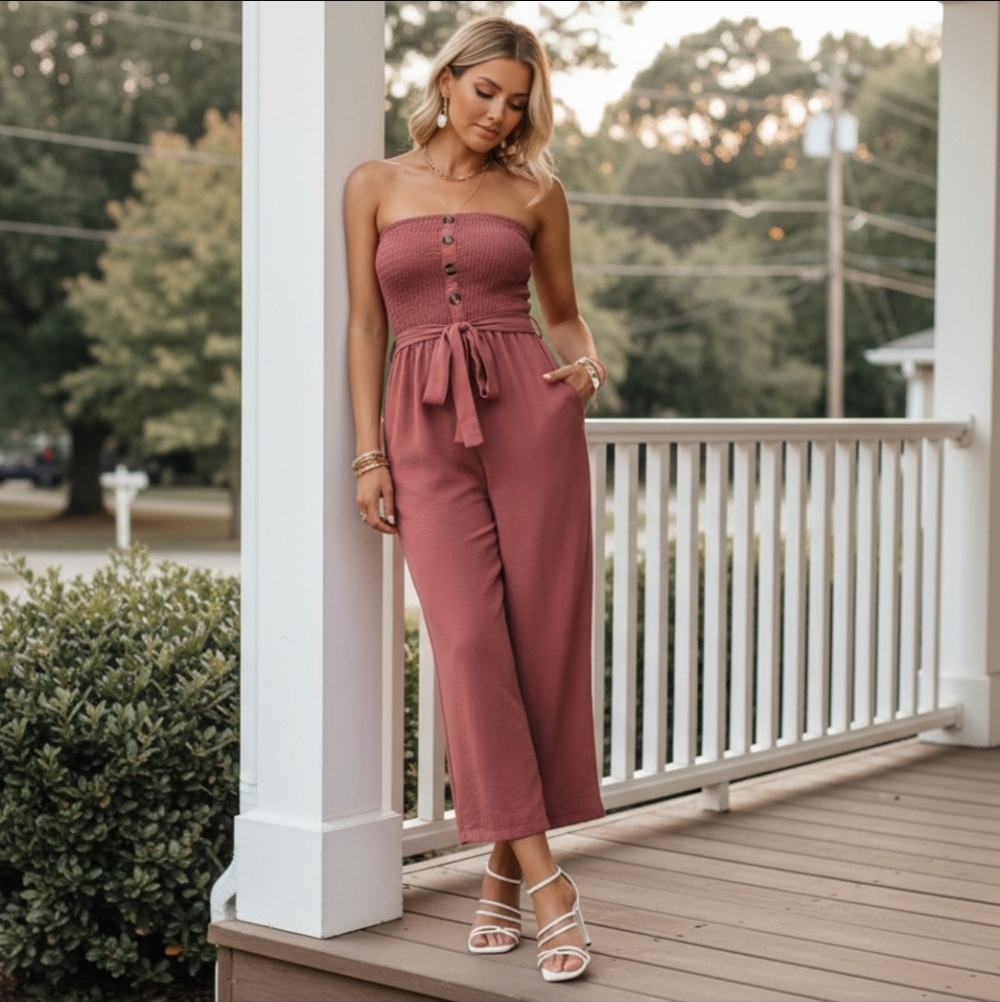 Strapless Smocked Bodice Button Belted Waist Cropped Pants Wide-Leg Jumpsuit